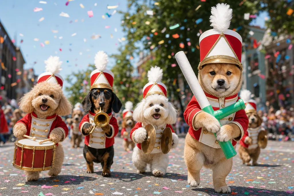 Shiba twirler leading small dogs with a drum, a horn and cymbals