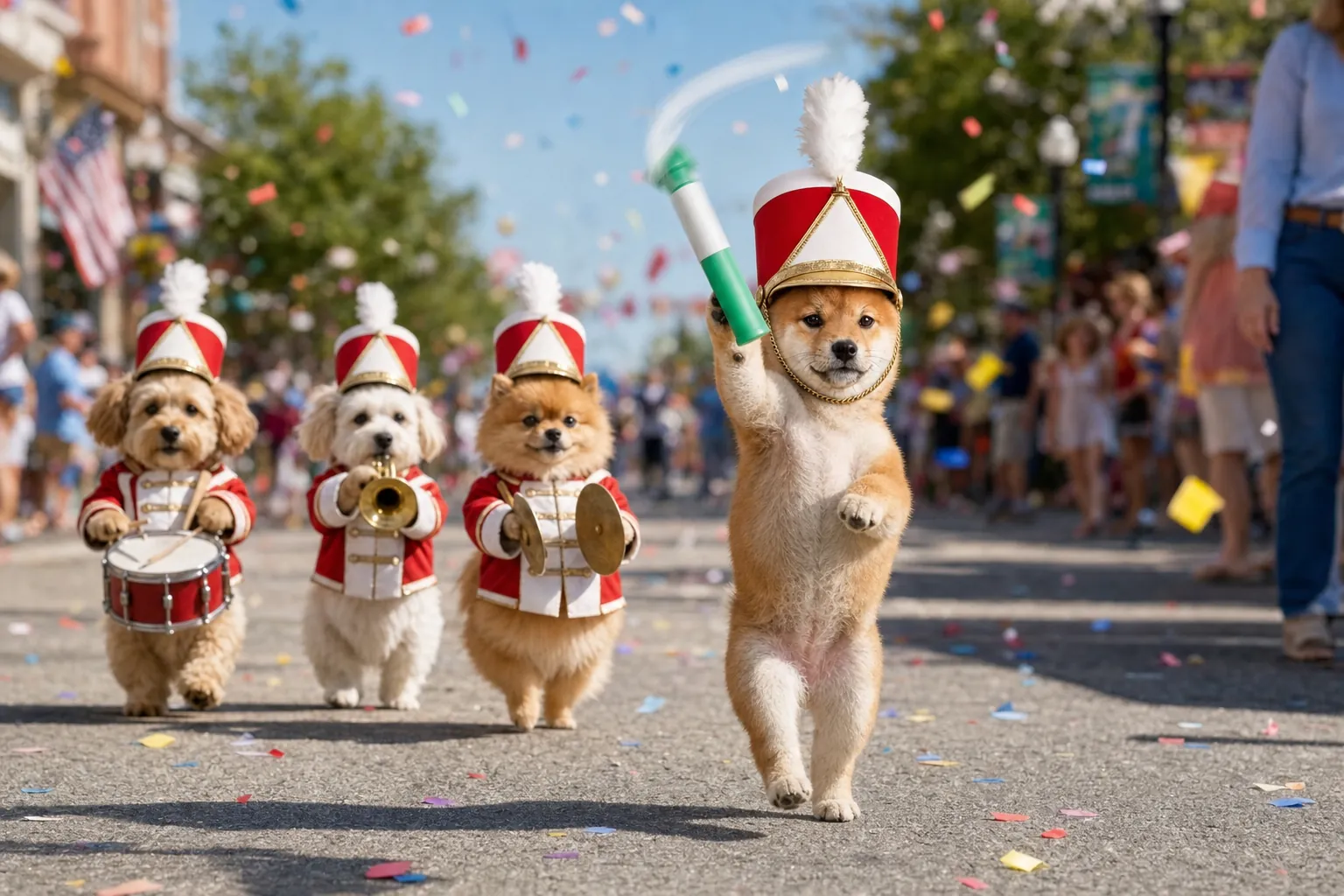 Shiba twirler leading a dog band down a parade street
