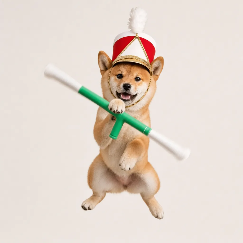 Shiba puppy in the air catching the baton