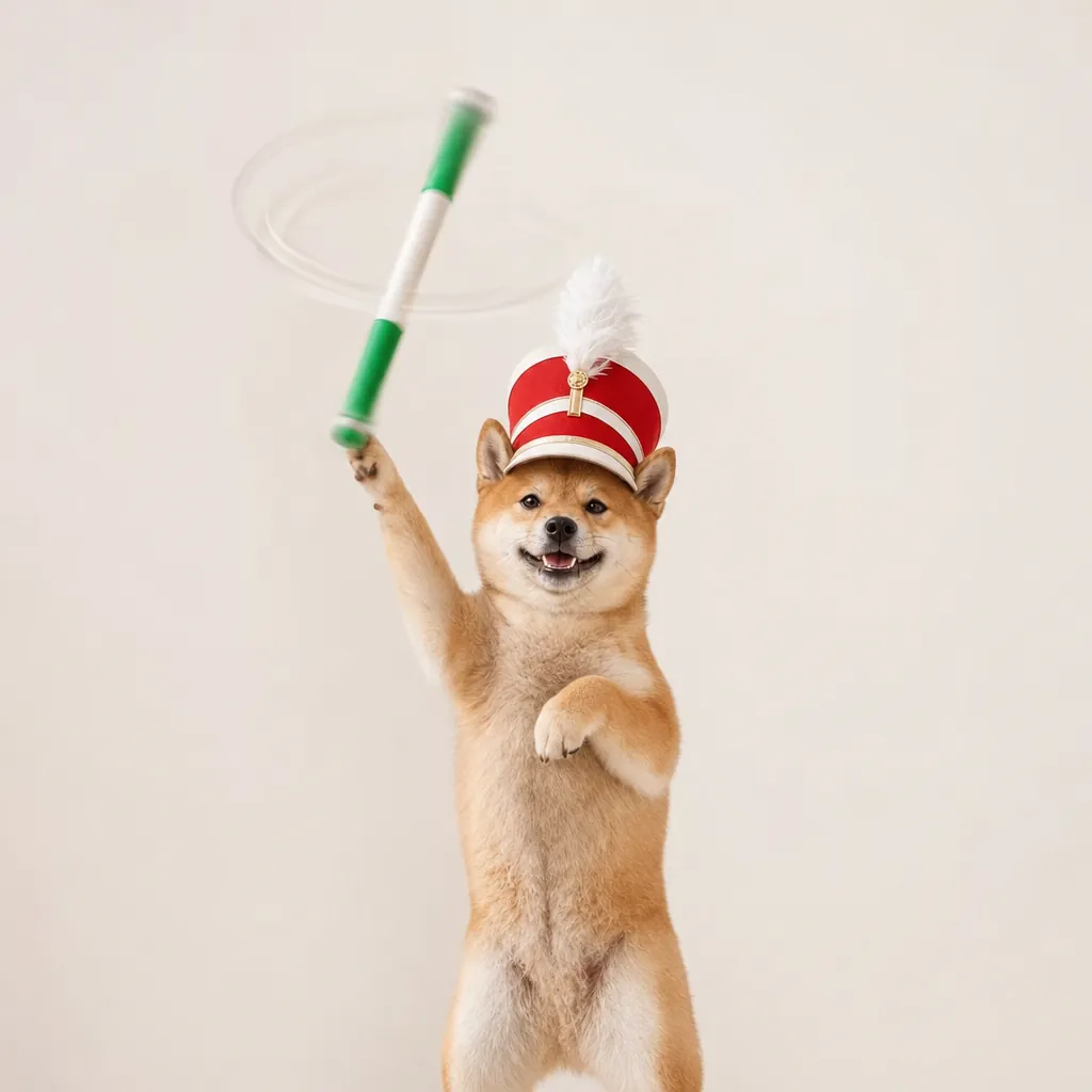 Shiba puppy in a parade hat throwing the baton up