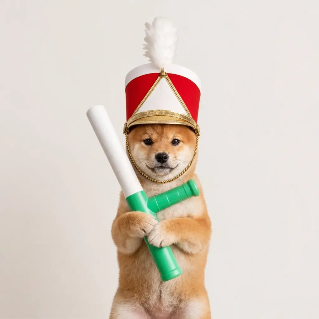 Shiba puppy in a red-and-white parade hat holding a green-and-white baton