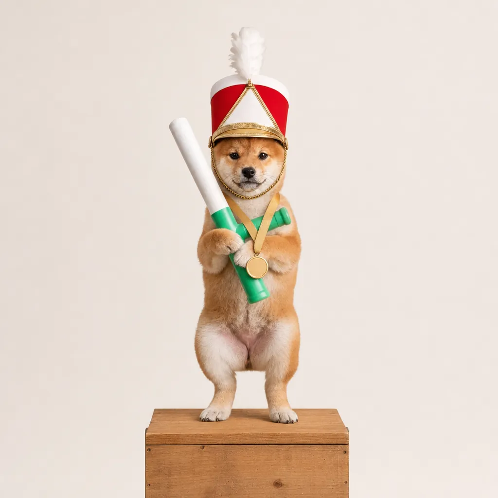 Shiba twirler standing proudly on a small wooden box