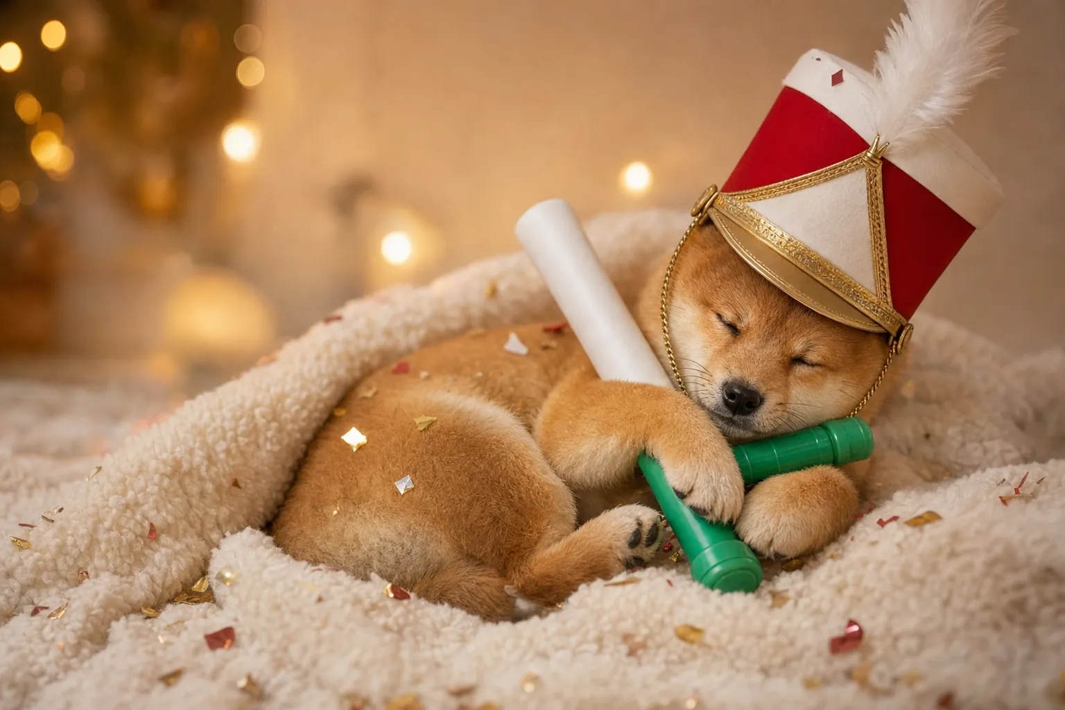 Shiba twirler asleep with the baton, hat crooked, confetti around