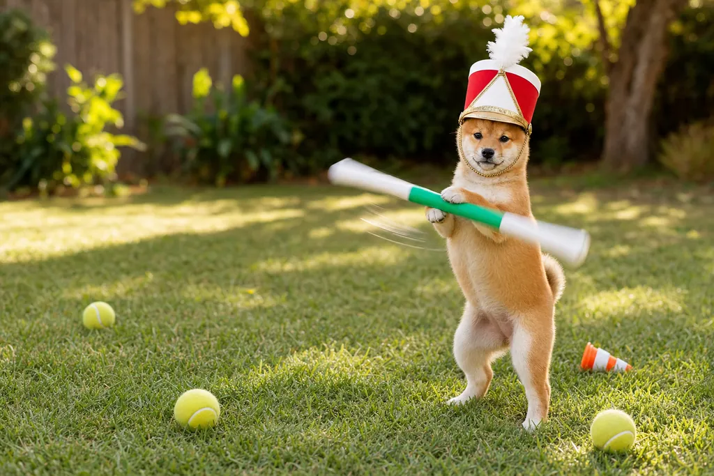 Shiba puppy practising with the baton on a backyard lawn
