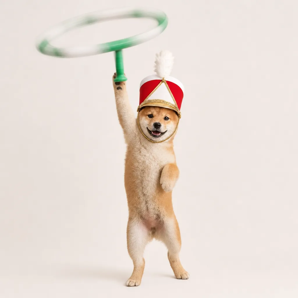Shiba puppy standing up, spinning the baton above its hat